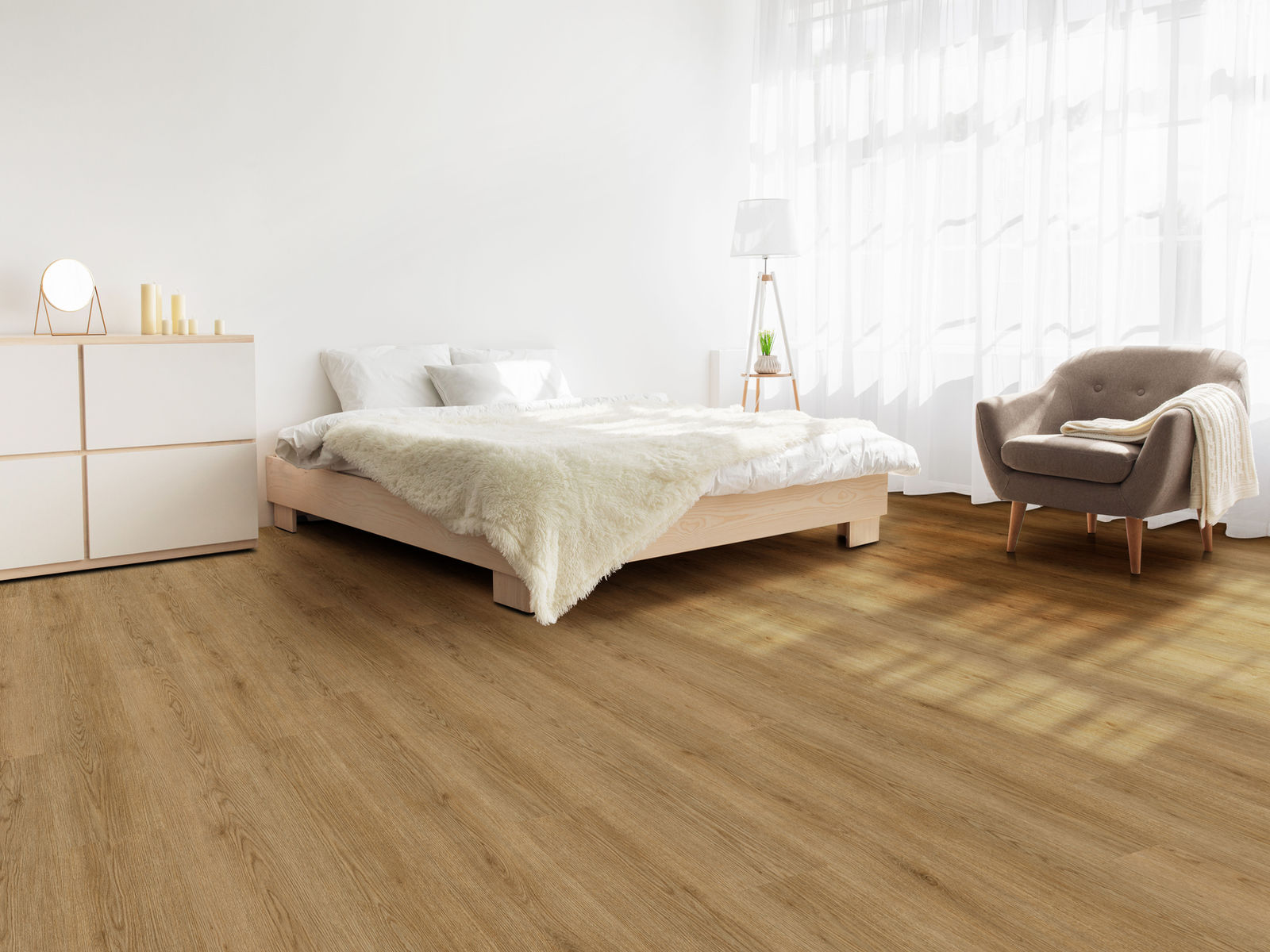 Horizon Euro Oak vinyl planks in a sunlit bedroom